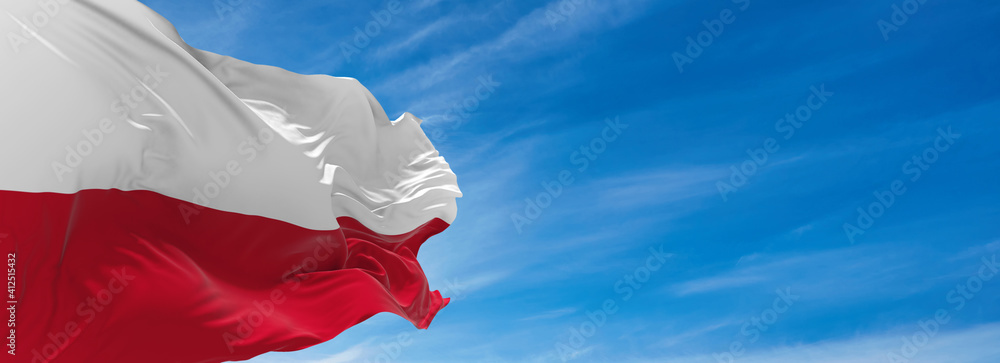 Large flag of poland  waving in the wind against the sky with clouds on sunny day. 3d illustration - obrazy, fototapety, plakaty 