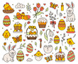 Happy Easter set of icons in the hand drawing Doodle style. A festive vector concept with traditional elements, eggs, bunnies and chickens.