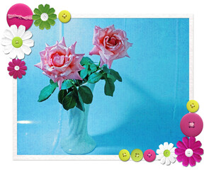 Wall Mural - Twin pink roses in white vase on light blue background