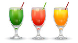 Fototapeta Sypialnia - Set of three glasses with different fruit and tropical juices (orange, strawberry, kiwi) on a white background. Vector.