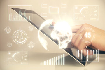 Multi exposure of man's hands holding and using a digital phone and forex graph drawing. Financial market concept.