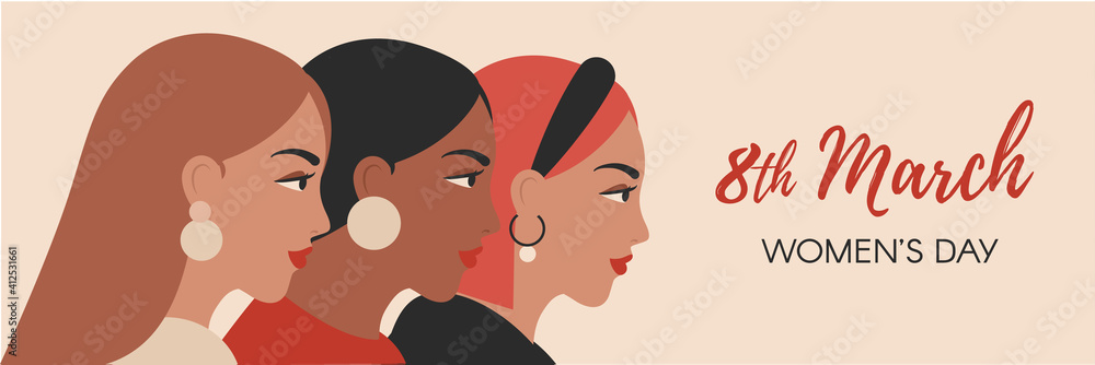 Vector banner for Women's Day. 8 march international womens day flyer with female portraits in minimal style. Cultural diversity concept with girl profiles - obrazy, fototapety, plakaty 