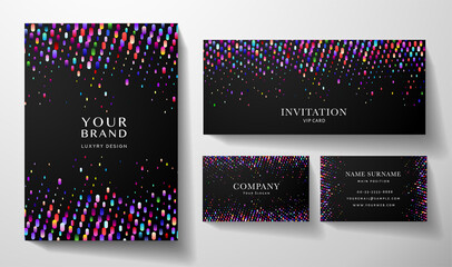 Wall Mural - Modern colorful design set: cover, premium business card, invitation with circular dots. Rainbow gradient pattern on black background. Collection template useful for notebook, holiday poster, book