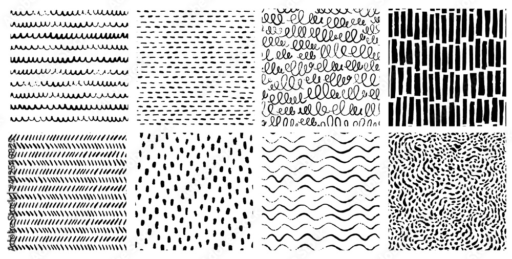 Hand drawn ink pattern and textures set. Expressive seamless abstract ...
