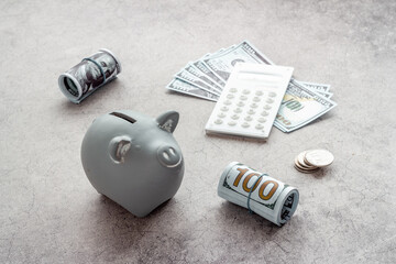 Piggy bank with cash money and calculator, close up