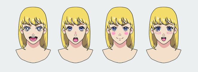 Anime avatar maker with set of different emotions. Cartoon female character template for animation or game design.