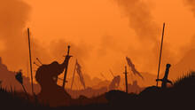 End Of The Battle. The Fallen Warrior Holds A Sword In His Hand. A Bloody Sunset Is Behind Him. The Weapon Is Stuck In The Ground. Smoke Rises Into The Sky. 2D Illustration.