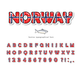 Wall Mural - Norway cartoon font. Norwegian national flag colors. Bright alphabet for design. Paper cutout glossy ABC letters and numbers. Vector