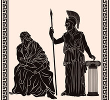 Ancient Greek Old Man Philosopher Sage Sits With Papyrus In His Hands And Goddess Pallas Athena In A Helmet With A Spear In Her Hand Stands Next To The Column.