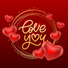 Sticker - Valentine card Love you with calligraphic lettering on a red background. Vector illustration.