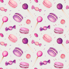 Wall Mural - Seamless pattern with watercolor colorful macaroons isolated on gray background.