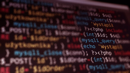 software development monitor screen background. developer display with source code. programming conc