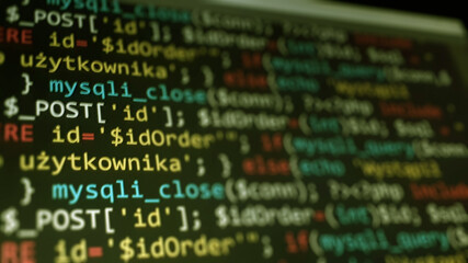 Software development monitor screen background. Developer display with source code. Programming concept