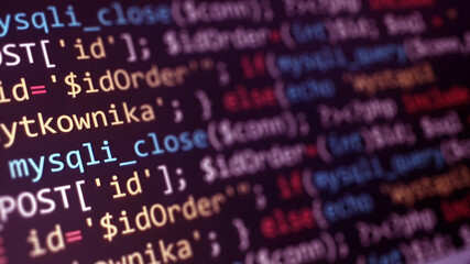 Software development monitor screen background. Developer display with source code. Programming concept
