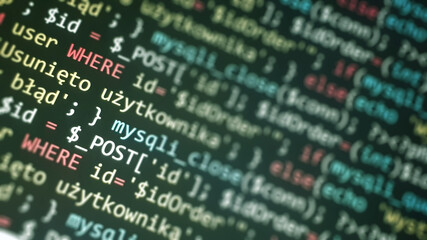 software development monitor screen background. developer display with source code. programming conc