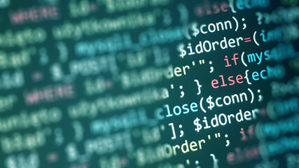 software development monitor screen background. developer display with source code. programming conc