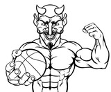 Fototapeta Dinusie - A devil Satan basketball sports mascot cartoon character man holding a ball