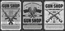 Gun And Ammunition Shop Retro Poster. Weapon For Self-defense, Ammo For Shooting Range Training Vintage Banner. Crossed Handguns, Machine Guns And Assault Rifle, Bullets And Shooting Target Vector
