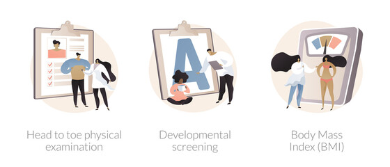 Health check up abstract concept vector illustration set. Head to toe physical examination, developmental screening, body mass index, health issue diagnostics, weight loss program abstract metaphor.