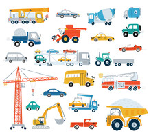 Collection Of Cars And Construction Vehicles. Cute Cars For Kids In Flat Style On White Background. Icons In Hand Drawn Style For Design Of Children's Rooms, Clothing, Textiles. Vector Illustration