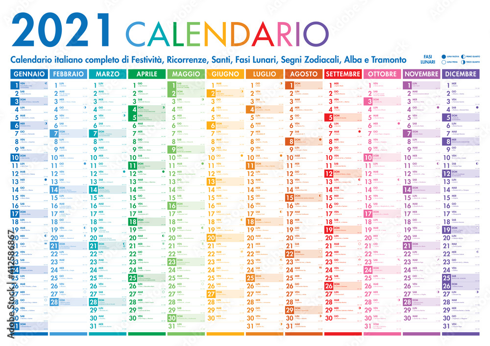 2021 Italian Planner Calendar with Vertical Months on white background - obrazy, fototapety, plakaty 
