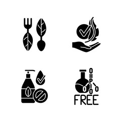 Sticker - Natural cosmetics black glyph icons set on white space. Phosphate free. Vegan cosmetics. Silicone free conditioners. Hypoallergic beauty treatment. Silhouette symbols. Vector isolated illustration