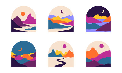 Vector abstract contemporary aesthetic set of backgrounds landscapes with mountains, roads, sunrise, sunset. Boho wall print decor, stickers in flat style. Mid century modern minimalist art, design