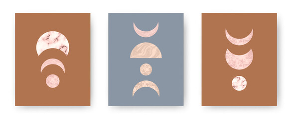 Wall Mural - Vector set with trendy set of printable cards with boho mid century stone and marble textured shapes of moon, planets. Abstract contemporary aesthetic backgrounds with geometric elements