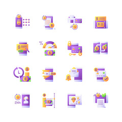 Poster - Mobile banking service vector flat color icon set. E wallet personal account management. Transfer funds. Cartoon style clip art for mobile app pack. Isolated RGB illustration bundle