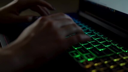 Wall Mural - closeup female hands is typing on laptop keyboard with colored backlight. software developer freelan