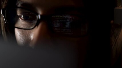 Wall Mural - software developer freelancer woman female in glasses work with program code c++ java javascript on 