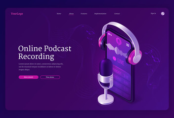 online podcast recording banner. record radio broadcast, audio interview, live talk. vector landing 