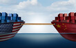 China United States tug of war trade fight and American tariffs as two interconnected opposing cargo ships tied together with rope as an economic  taxation dispute over import and exports