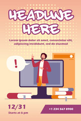 Wall Mural - lecturer talking during online webinar. teacher, monitor, book flat vector illustration. education a