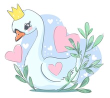 Cute Swan Beautiful Vector Illustration. Print Children's T-shirt For Girls. Cartoon Character. White Bird.