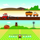 Fototapeta Dinusie - Set of the farming agriculture concept flat vector illustration. Agriculture and Farming. Agribusiness. Rural landscape.