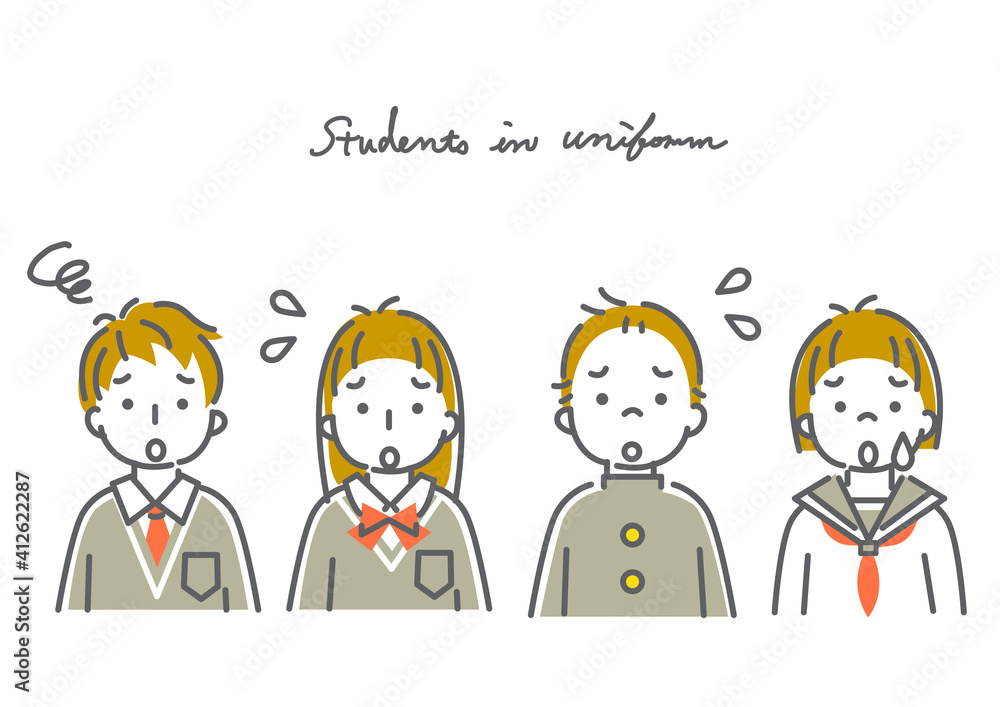 中学生 高校生 男女４人 のシンプルでかわいい線画イラスト素材セット Fototapety