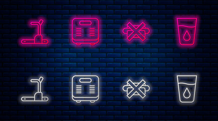 Poster - Set line Bathroom scales, No junk food, Treadmill machine and Glass with water. Glowing neon icon on brick wall. Vector.