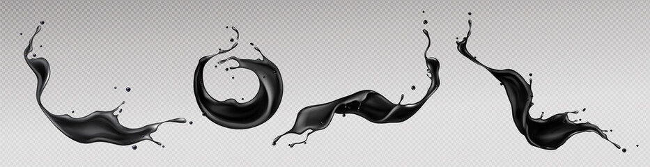 Wall Mural - black liquid splashes, swirl and waves with scatter drops. paint, oil or ink splashing dynamic motio