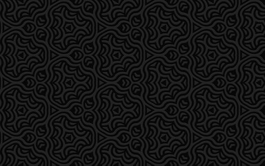 Ethnic geometric convex volumetric black 3D background from an embossed unique artistic pattern for presentations, wallpaper, textiles in the style of doodling.
