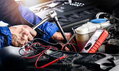 Poster - Auto mechanic working on car broken engine in mechanics service or garage.