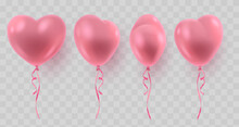 Set Of Three Pink Realistic Heart Ballons, From Different Sides And Pink Ribbons. Vector Illustration For Card, Party, Design, Flyer, Poster, Decor, Banner, Web, Advertising. 