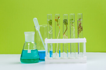 Canvas Print - Various laboratory glass products and natural ingredients on white table in cosmetic laboratory