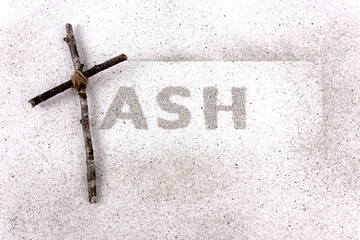 Ash Wednesday. Ash and Christian Cross symbol as a religion concept. Flat lay.