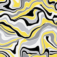 Vector Seamless Pattern. Abstract Texture With Bold Monochrome Wavy Stripes. Creative Distorted Background. Decorative Black, White, Illuminating Yellow  And Grey Design.