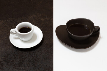 Still life with two cups of espresso on saucers. The frame is divided in half vertically into dark and light. There is a white cup on the dark half and a dark cup on the white half.