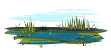 Wild Danger Swamp With Dirty Water And Various Plants Isolated Illustration, Dead Trees With Bulrush Plants, Clipart Of Terrible Mystical Place, Swampy Pond With Reeds, Overgrown Pond