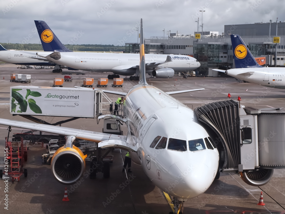 Catering Lufthansa airplanes at Duesseldorf airport in Germany