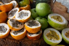 Fruits In The Foreground. Granadilla And Passion Fruit.