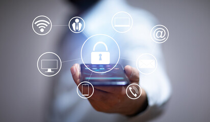 man holding smartphone with lock icon